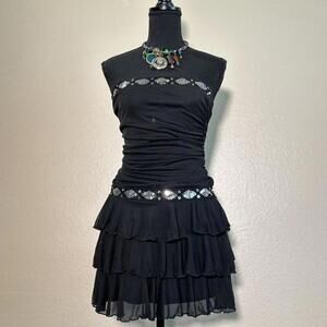 Y2K Byerwear Too! Black Strapless Fairycore Ruffle Mini Dress Rhinestone Waist